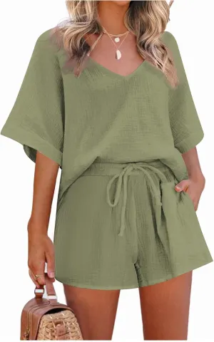 Womens 2 Piece Cotton Linen Tracksuit, Short Sleeve V Neck Set with Casual Shorts, for Beach Outfits