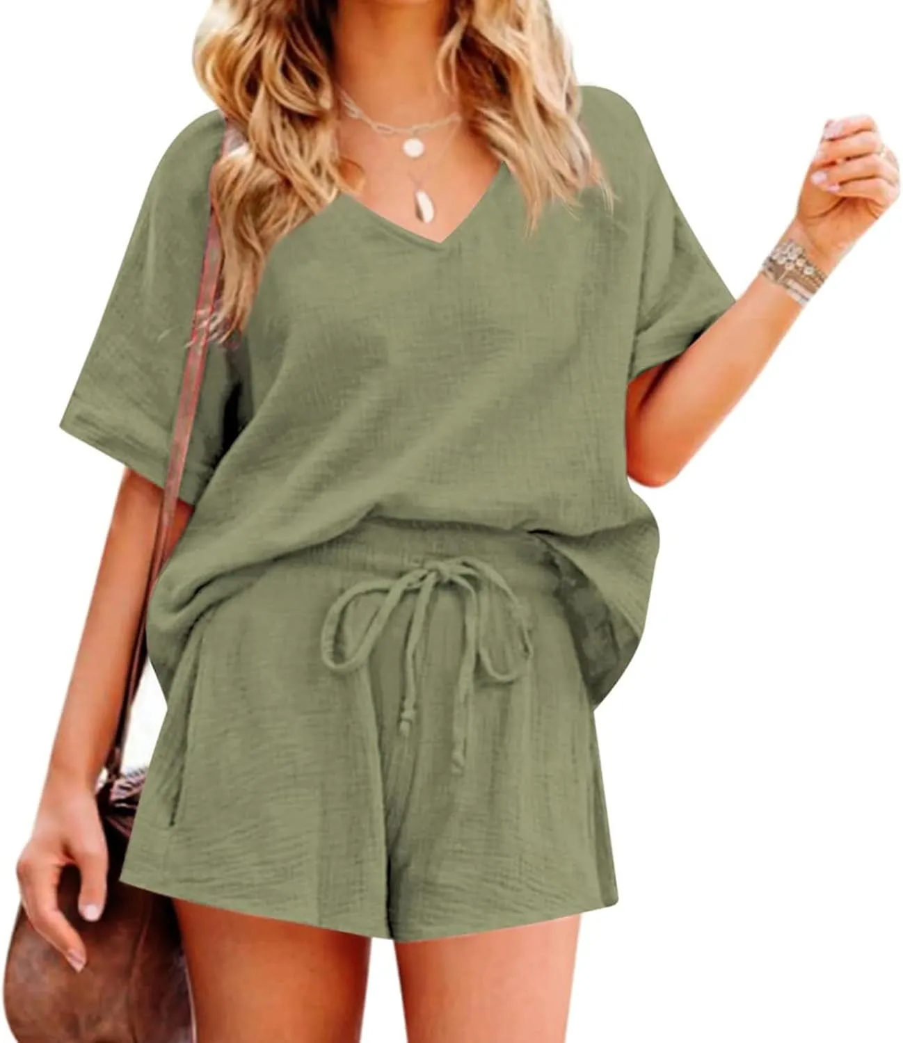 Womens 2 Piece Cotton Linen Tracksuit, Short Sleeve V Neck Set with Casual Shorts, for Beach Outfits