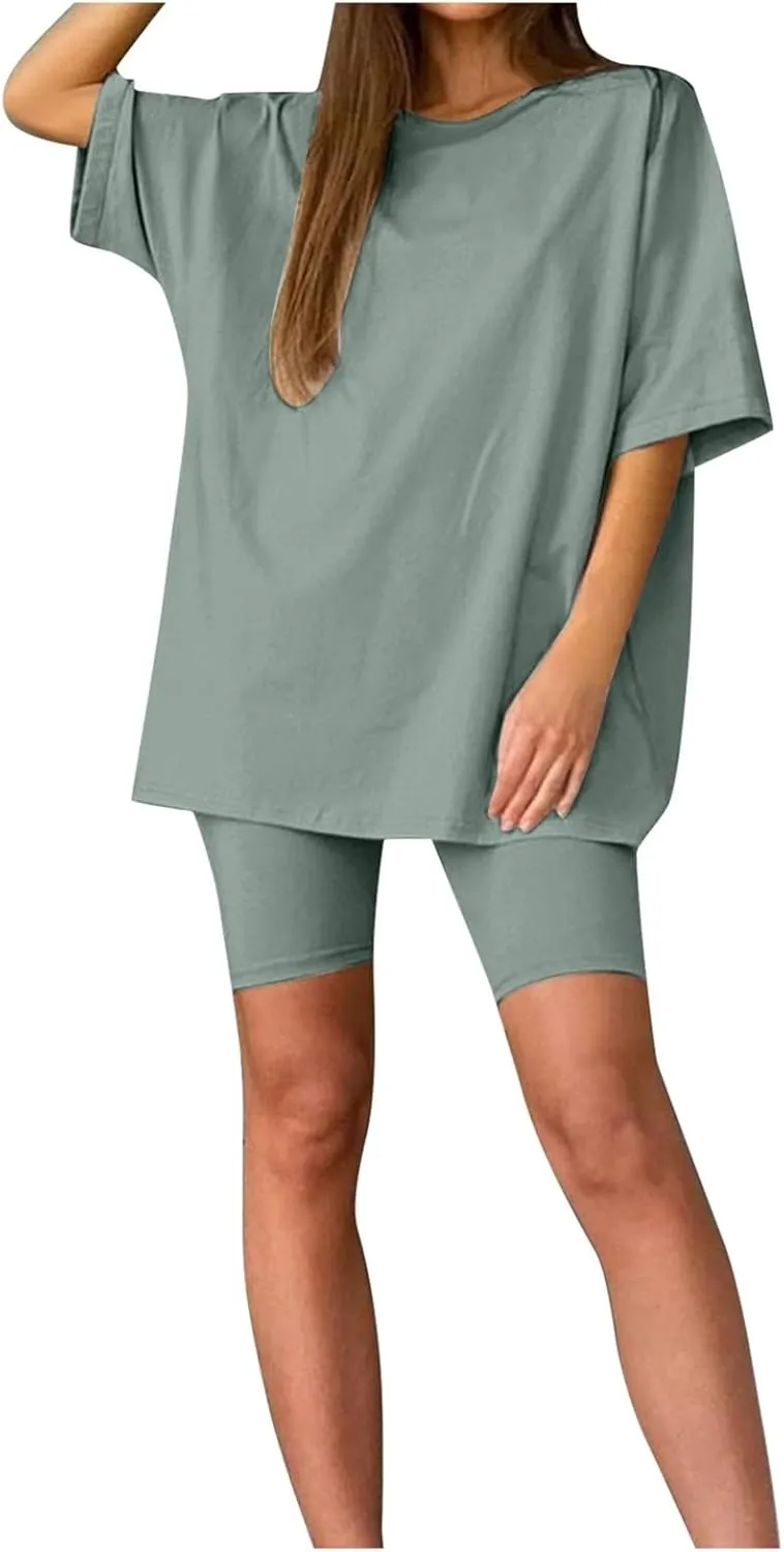 Womens 2 Piece Lounge Set Summer Outfits Trendy Tracksuits Casual Short Sleeve Oversized Tshirts & Biker Shorts
