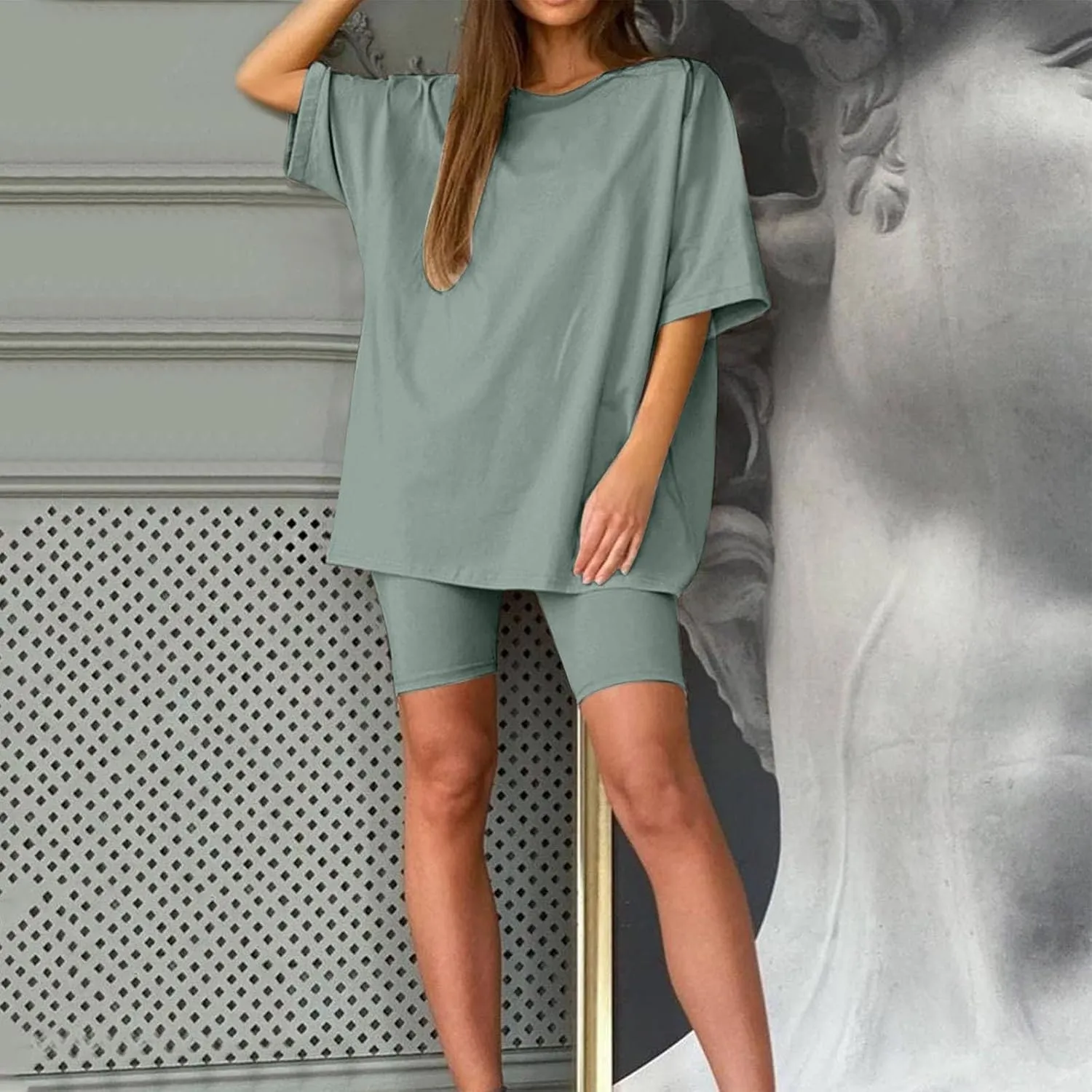 Womens 2 Piece Lounge Set Summer Outfits Trendy Tracksuits Casual Short Sleeve Oversized Tshirts & Biker Shorts