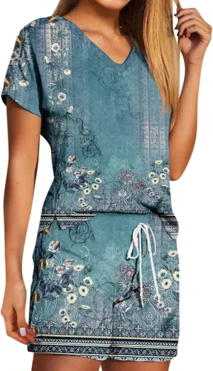 Women's 2 Piece Outfits Casual Short Sleeve Tops T Shirt Tee and Button Shorts Sets Casual V Neck Fit Two Piece Sets
