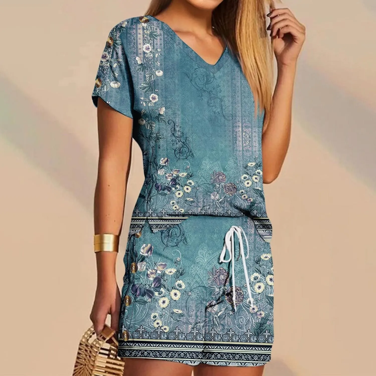 Women's 2 Piece Outfits Casual Short Sleeve Tops T Shirt Tee and Button Shorts Sets Casual V Neck Fit Two Piece Sets