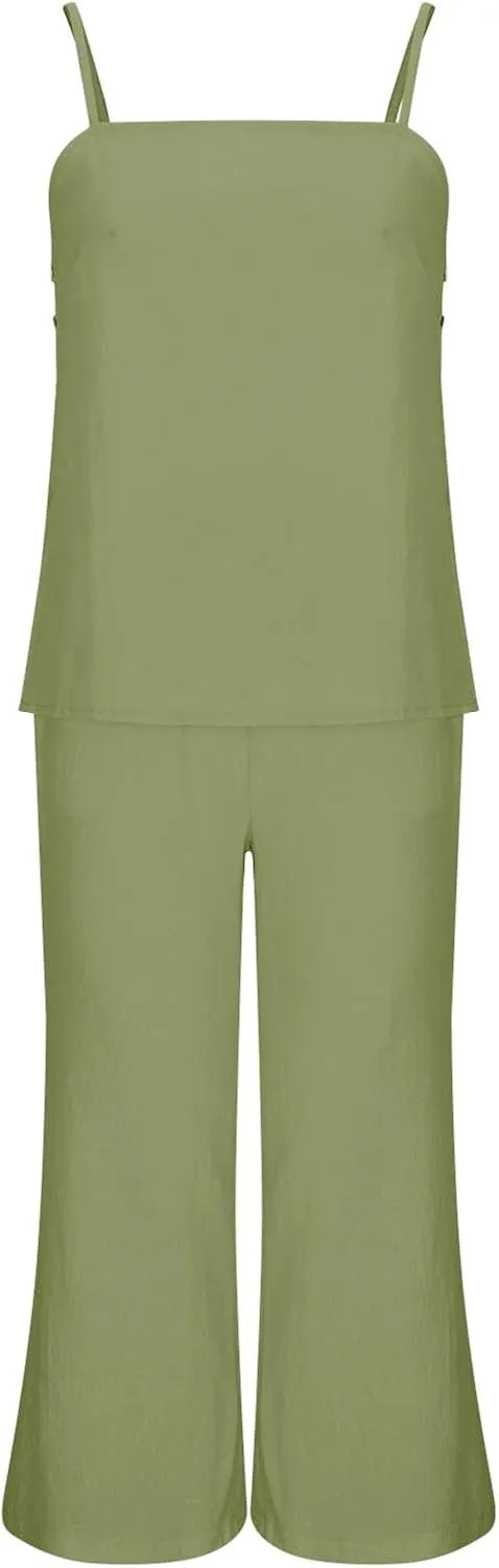 Womens 2 Piece Outfits Linen Set Cute Camisole Tops and Wide Leg Pants Vacation Matching Split Loungewear With Pockets
