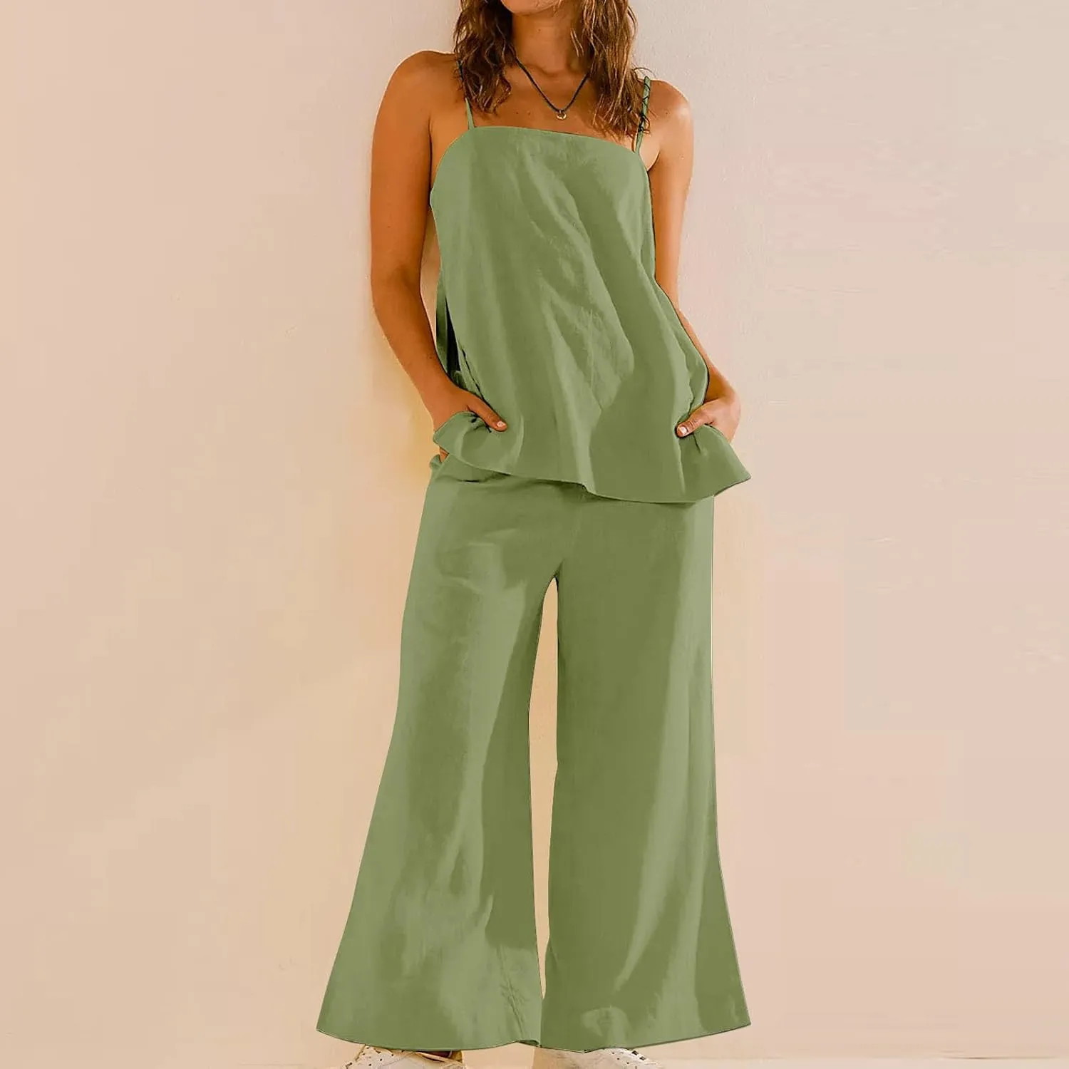 Womens 2 Piece Outfits Linen Set Cute Camisole Tops and Wide Leg Pants Vacation Matching Split Loungewear With Pockets