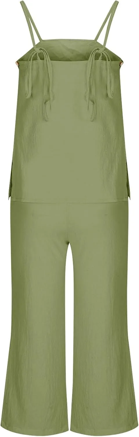Womens 2 Piece Outfits Linen Set Cute Camisole Tops and Wide Leg Pants Vacation Matching Split Loungewear With Pockets