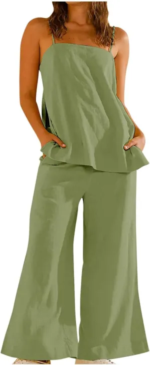 Womens 2 Piece Outfits Linen Set Cute Camisole Tops and Wide Leg Pants Vacation Matching Split Loungewear With Pockets