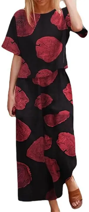 Women's 2 Piece Outfits Linen Short Sleeve Set Floral Print Crewneck Tops Wide Leg Pants Set Summer Matching Outfit