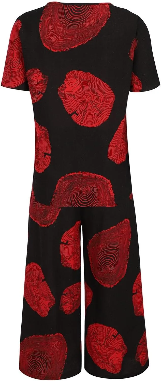 Women's 2 Piece Outfits Linen Short Sleeve Set Floral Print Crewneck Tops Wide Leg Pants Set Summer Matching Outfit