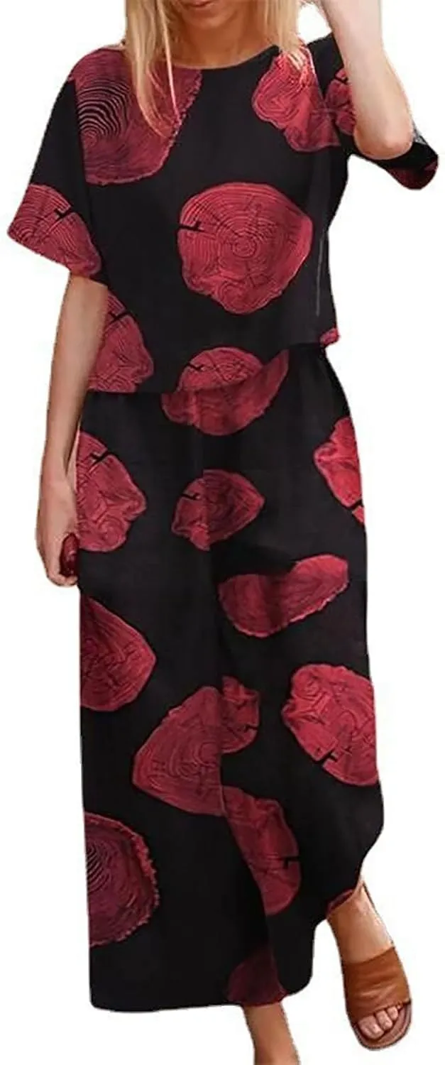 Women's 2 Piece Outfits Linen Short Sleeve Set Floral Print Crewneck Tops Wide Leg Pants Set Summer Matching Outfit