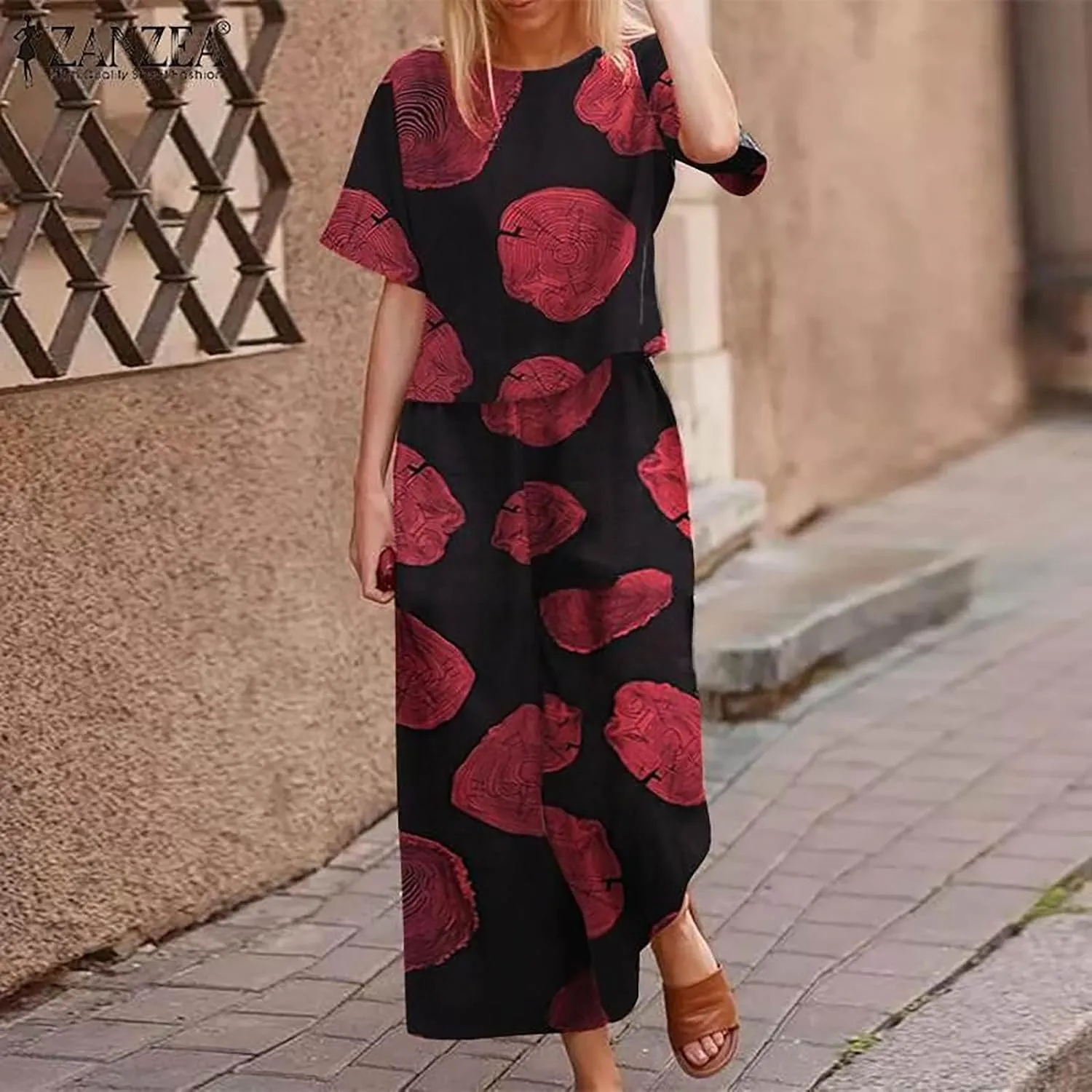 Women's 2 Piece Outfits Linen Short Sleeve Set Floral Print Crewneck Tops Wide Leg Pants Set Summer Matching Outfit