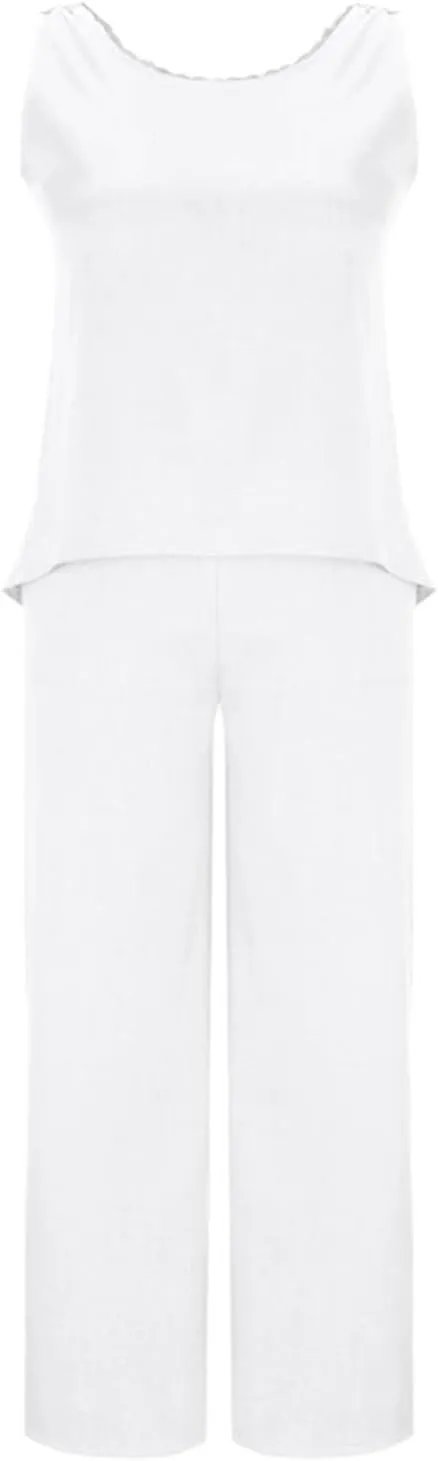 Women's 2 Piece Outfits Linen Sleeveless Crop Top and Wide Leg Pants Back Hollow Lounge Matching Set Trendy Tracksuits