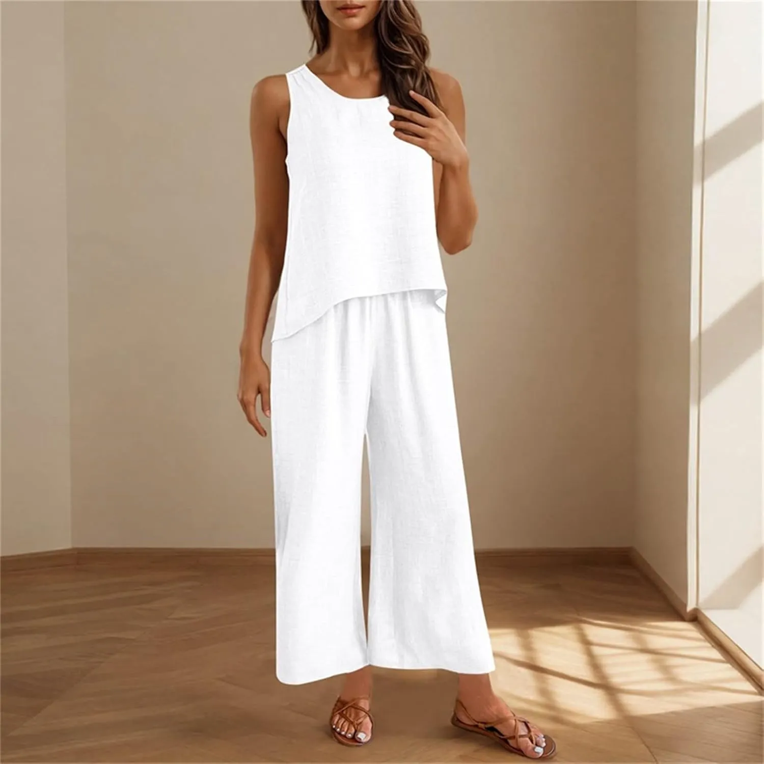 Women's 2 Piece Outfits Linen Sleeveless Crop Top and Wide Leg Pants Back Hollow Lounge Matching Set Trendy Tracksuits