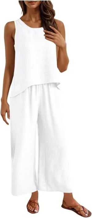 Women's 2 Piece Outfits Linen Sleeveless Crop Top and Wide Leg Pants Back Hollow Lounge Matching Set Trendy Tracksuits