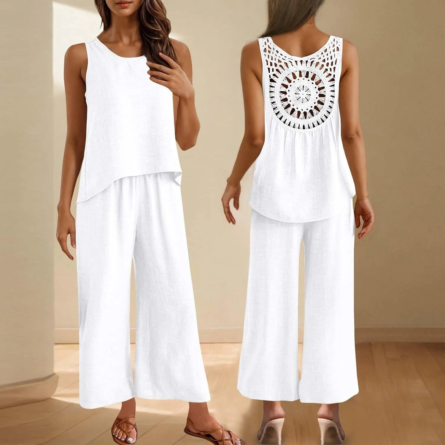 Women's 2 Piece Outfits Linen Sleeveless Crop Top and Wide Leg Pants Back Hollow Lounge Matching Set Trendy Tracksuits