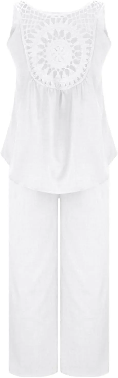 Women's 2 Piece Outfits Linen Sleeveless Crop Top and Wide Leg Pants Back Hollow Lounge Matching Set Trendy Tracksuits