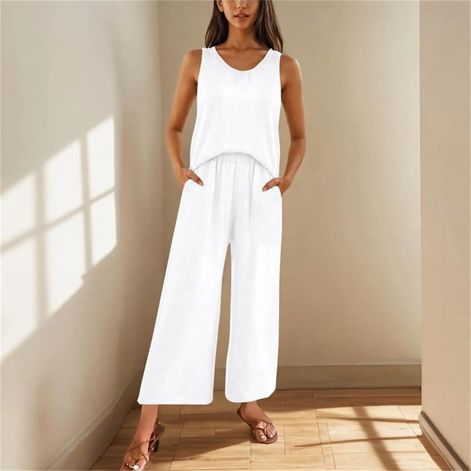 Women's 2 Piece Outfits Linen Sleeveless Crop Top and Wide Leg Pants Back Hollow Lounge Matching Set Trendy Tracksuits