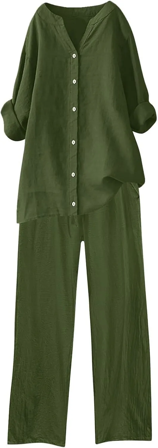 Womens 2 Piece Outfits Sets Casual Linen Long Sleeve Lapel Button Down Shirts and Wide Leg Long Pants Loungewear Suit