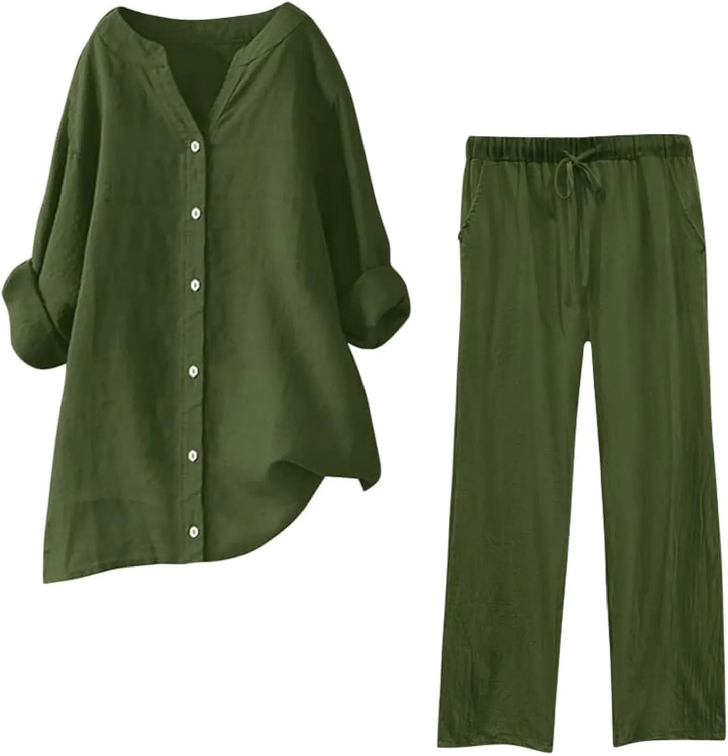 Womens 2 Piece Outfits Sets Casual Linen Long Sleeve Lapel Button Down Shirts and Wide Leg Long Pants Loungewear Suit