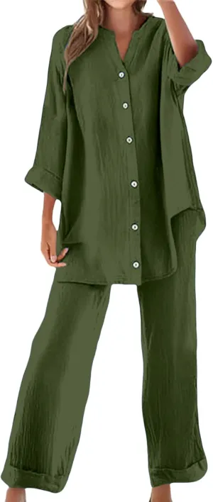 Womens 2 Piece Outfits Sets Casual Linen Long Sleeve Lapel Button Down Shirts and Wide Leg Long Pants Loungewear Suit