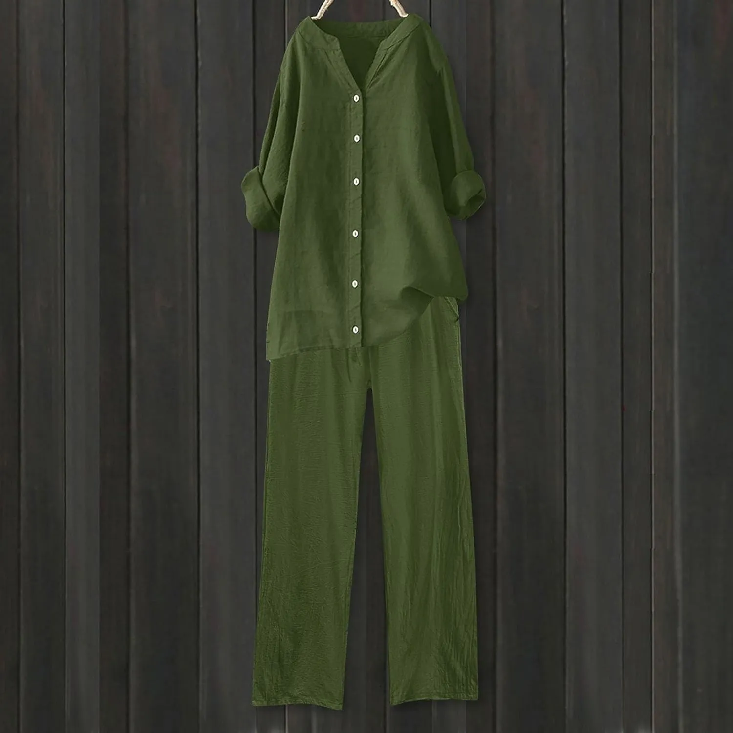 Womens 2 Piece Outfits Sets Casual Linen Long Sleeve Lapel Button Down Shirts and Wide Leg Long Pants Loungewear Suit