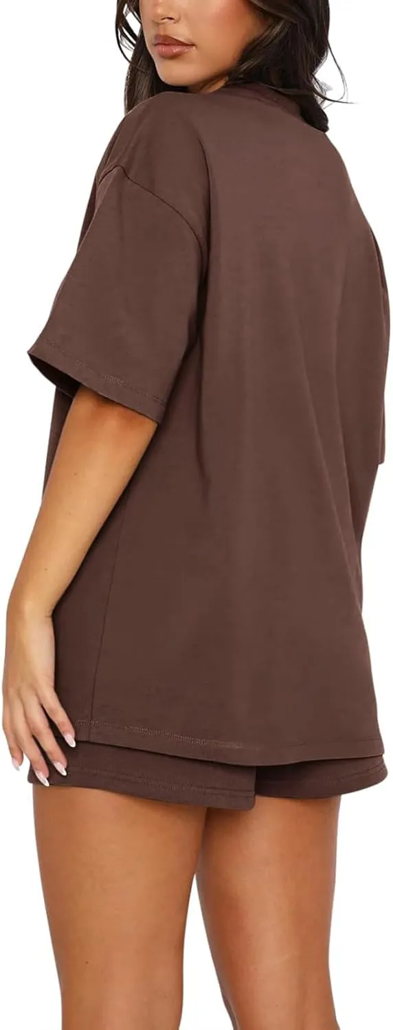 Womens 2 Piece Sets Lounge Outfits Casual Short Sleeve Tops and Elastic Waist Shorts Summer Casual Loose Loungewear