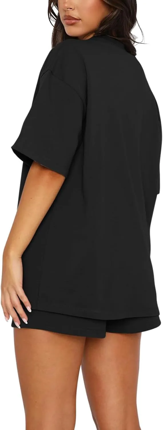 Womens 2 Piece Sets Lounge Outfits Casual Short Sleeve Tops and Elastic Waist Shorts Summer Casual Loose Loungewear