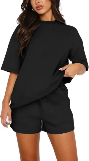 Womens 2 Piece Sets Lounge Outfits Casual Short Sleeve Tops and Elastic Waist Shorts Summer Casual Loose Loungewear