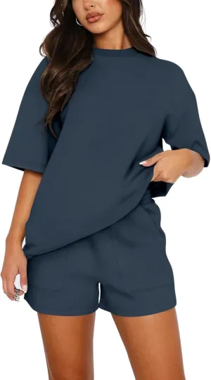 Womens 2 Piece Sets Lounge Outfits Casual Short Sleeve Tops and Elastic Waist Shorts Summer Casual Loose Loungewear