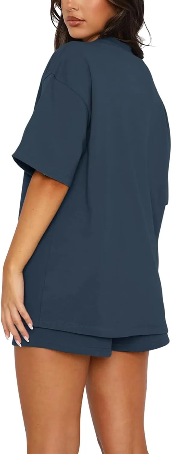 Womens 2 Piece Sets Lounge Outfits Casual Short Sleeve Tops and Elastic Waist Shorts Summer Casual Loose Loungewear