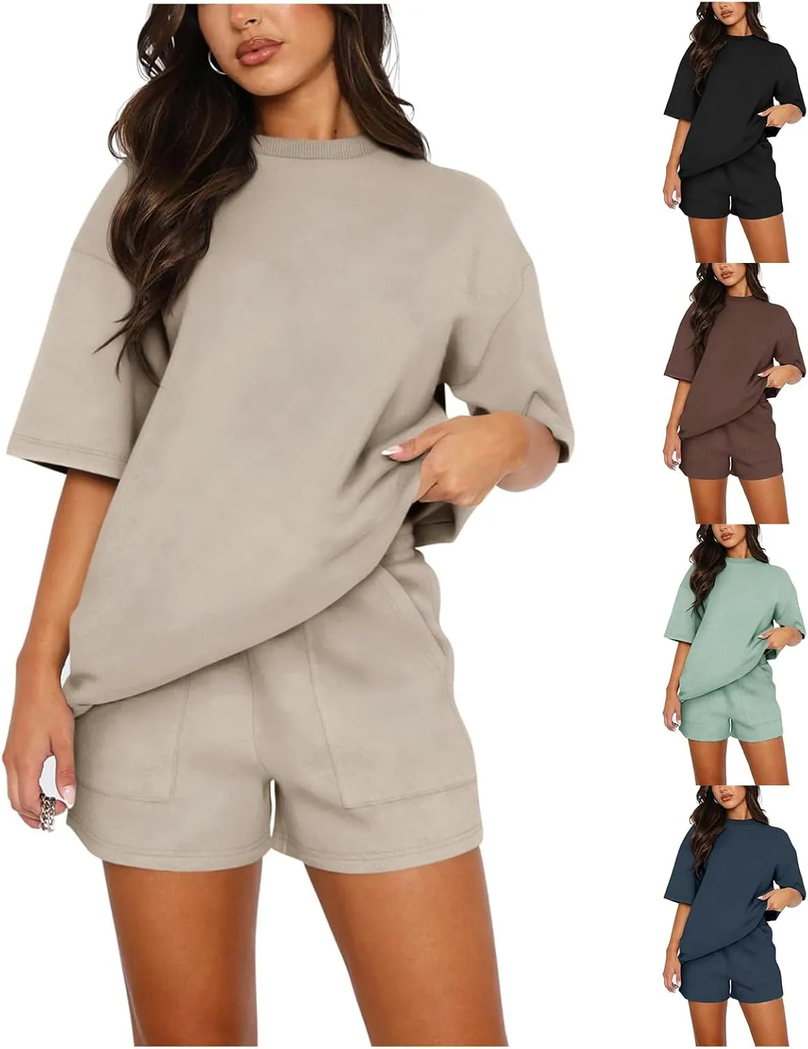 Womens 2 Piece Sets Lounge Outfits Casual Short Sleeve Tops and Elastic Waist Shorts Summer Casual Loose Loungewear