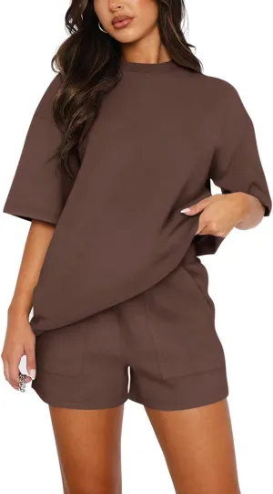 Womens 2 Piece Sets Lounge Outfits Casual Short Sleeve Tops and Elastic Waist Shorts Summer Casual Loose Loungewear