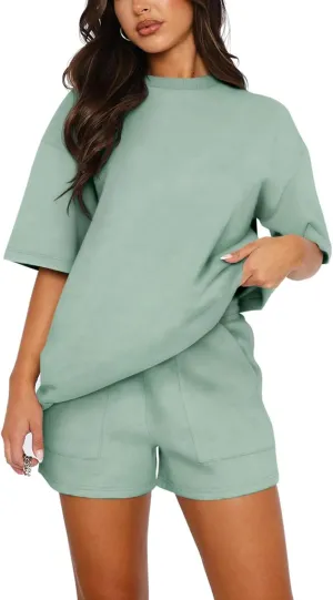 Womens 2 Piece Sets Lounge Outfits Casual Short Sleeve Tops and Elastic Waist Shorts Summer Casual Loose Loungewear