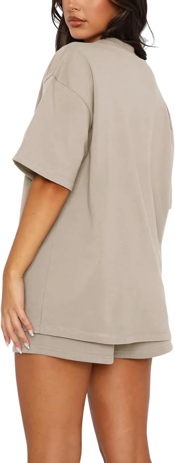 Womens 2 Piece Sets Lounge Outfits Casual Short Sleeve Tops and Elastic Waist Shorts Summer Casual Loose Loungewear