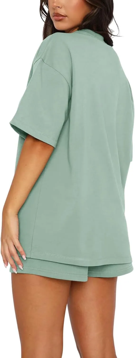 Womens 2 Piece Sets Lounge Outfits Casual Short Sleeve Tops and Elastic Waist Shorts Summer Casual Loose Loungewear