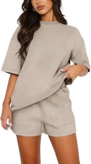 Womens 2 Piece Sets Lounge Outfits Casual Short Sleeve Tops and Elastic Waist Shorts Summer Casual Loose Loungewear