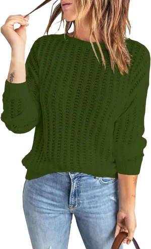 Women's 2024 Crew Neck Long Sleeve Pullover Sweater Casual Loose Fall Ribbed Knit Solid Drop Shoulder Jumper Tops