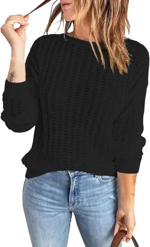 Women's 2024 Crew Neck Long Sleeve Pullover Sweater Casual Loose Fall Ribbed Knit Solid Drop Shoulder Jumper Tops