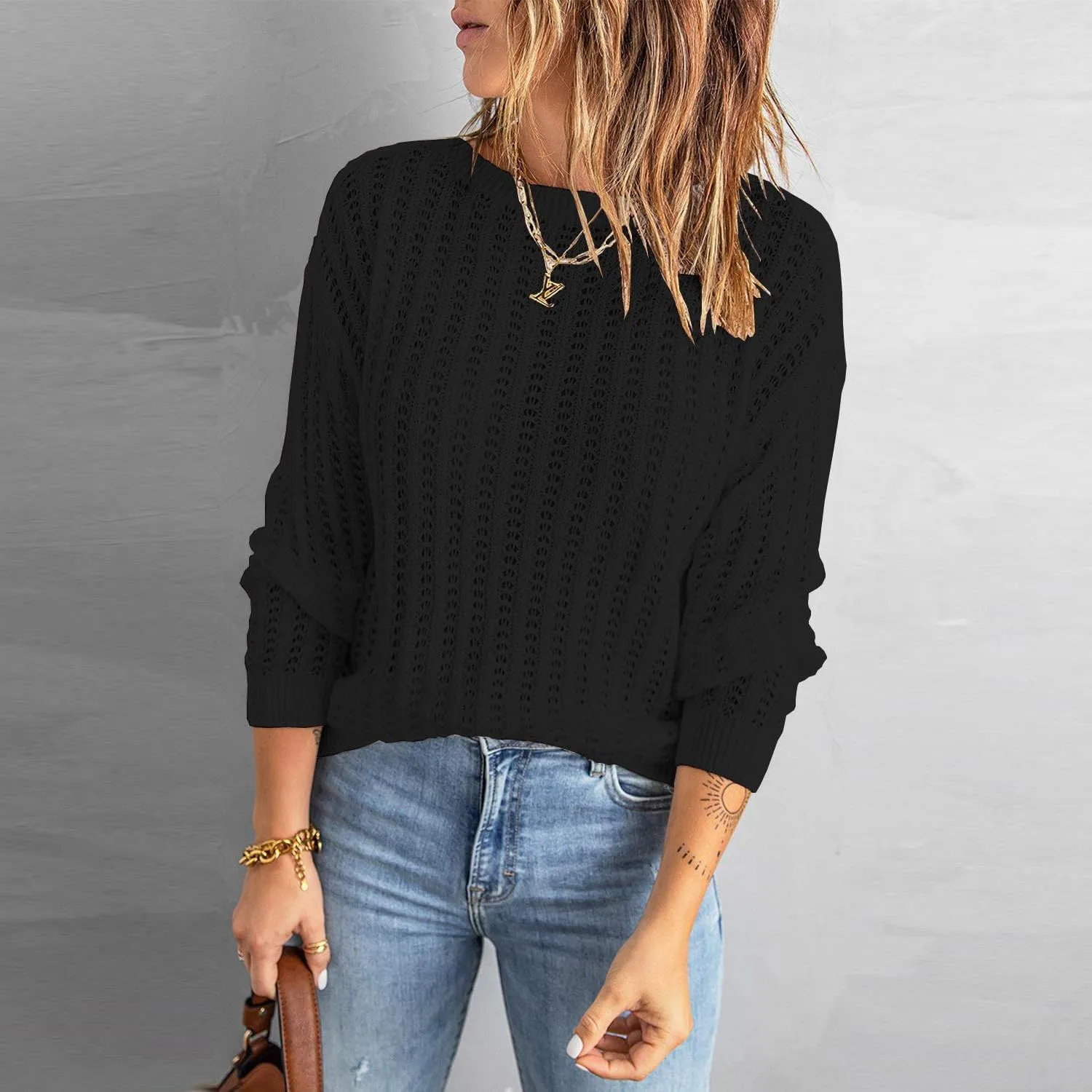 Women's 2024 Crew Neck Long Sleeve Pullover Sweater Casual Loose Fall Ribbed Knit Solid Drop Shoulder Jumper Tops