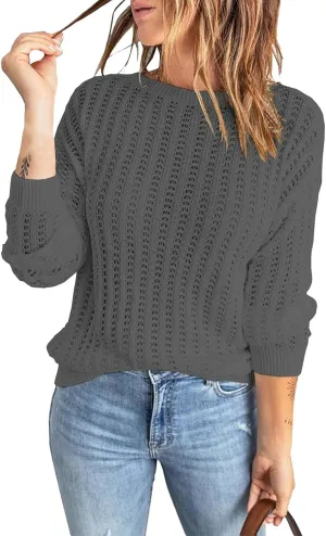 Women's 2024 Crew Neck Long Sleeve Pullover Sweater Casual Loose Fall Ribbed Knit Solid Drop Shoulder Jumper Tops