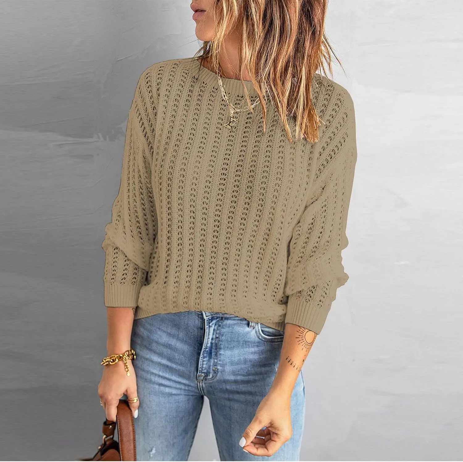 Women's 2024 Crew Neck Long Sleeve Pullover Sweater Casual Loose Fall Ribbed Knit Solid Drop Shoulder Jumper Tops