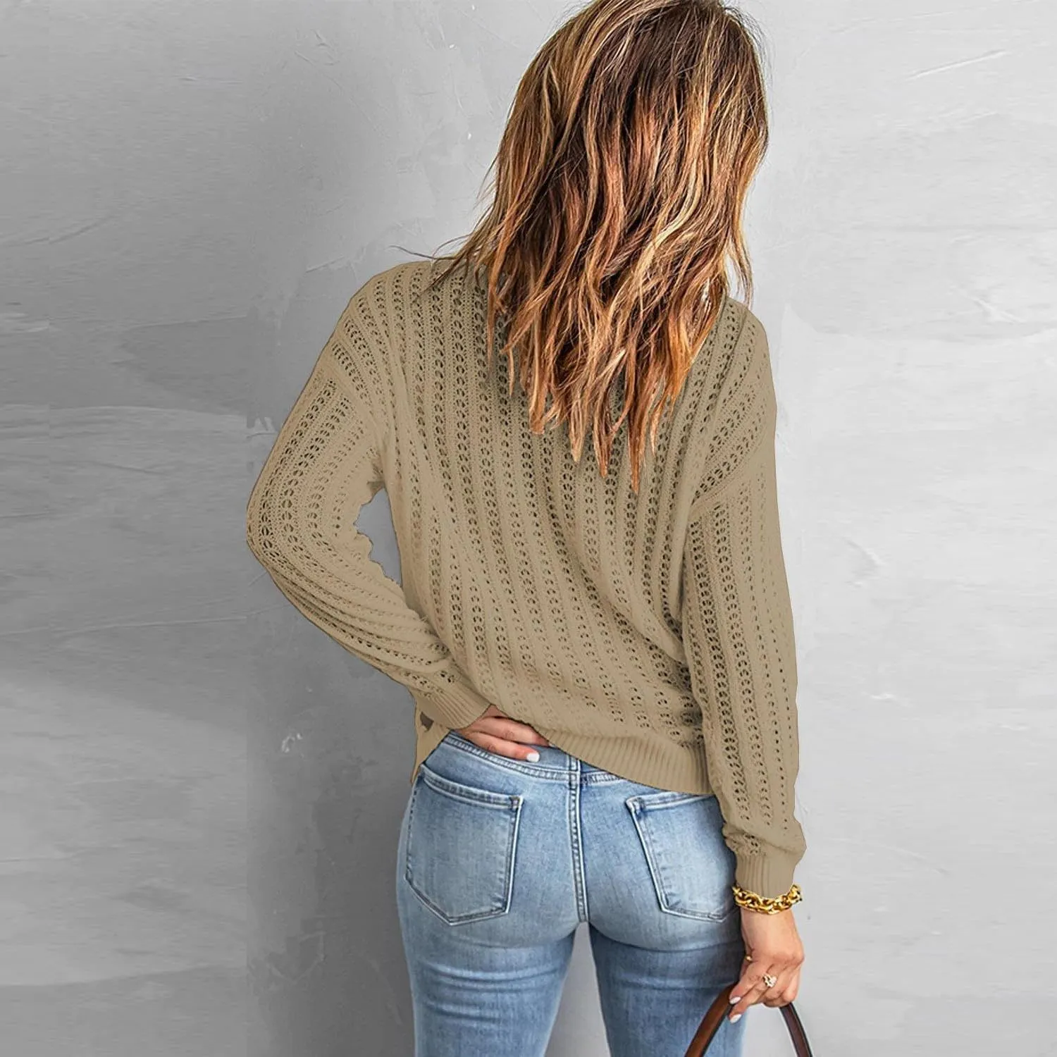 Women's 2024 Crew Neck Long Sleeve Pullover Sweater Casual Loose Fall Ribbed Knit Solid Drop Shoulder Jumper Tops