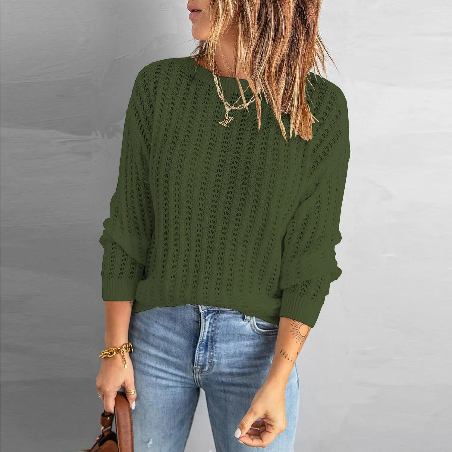 Women's 2024 Crew Neck Long Sleeve Pullover Sweater Casual Loose Fall Ribbed Knit Solid Drop Shoulder Jumper Tops