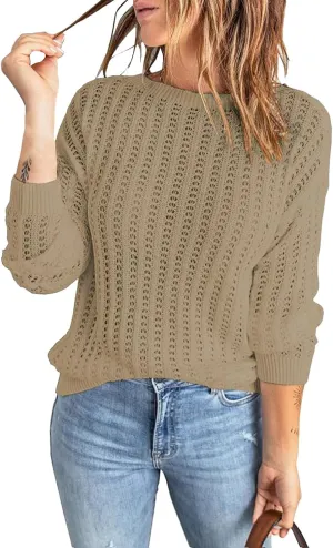Women's 2024 Crew Neck Long Sleeve Pullover Sweater Casual Loose Fall Ribbed Knit Solid Drop Shoulder Jumper Tops