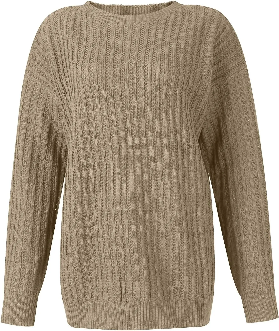 Women's 2024 Crew Neck Long Sleeve Pullover Sweater Casual Loose Fall Ribbed Knit Solid Drop Shoulder Jumper Tops