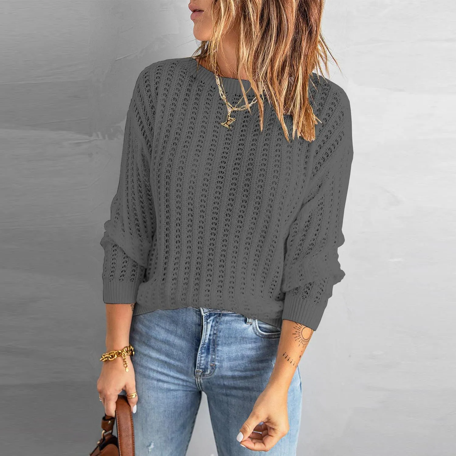 Women's 2024 Crew Neck Long Sleeve Pullover Sweater Casual Loose Fall Ribbed Knit Solid Drop Shoulder Jumper Tops
