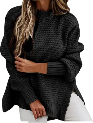 Women's 2024 Fall Casual Fall Oversized Sweater Long Sleeve Crew Neck Side Slit Oversized Ribbed Knit Pullover Tops