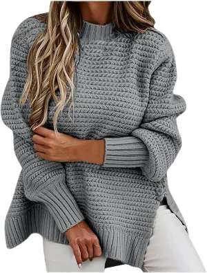Women's 2024 Fall Casual Fall Oversized Sweater Long Sleeve Crew Neck Side Slit Oversized Ribbed Knit Pullover Tops