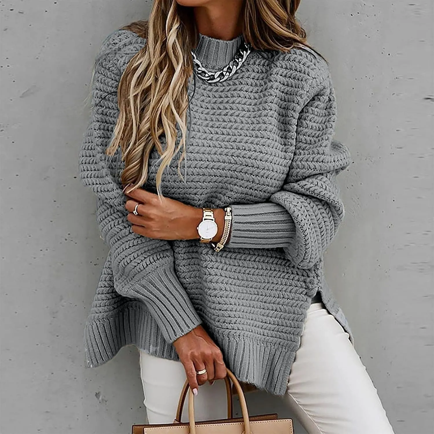 Women's 2024 Fall Casual Fall Oversized Sweater Long Sleeve Crew Neck Side Slit Oversized Ribbed Knit Pullover Tops