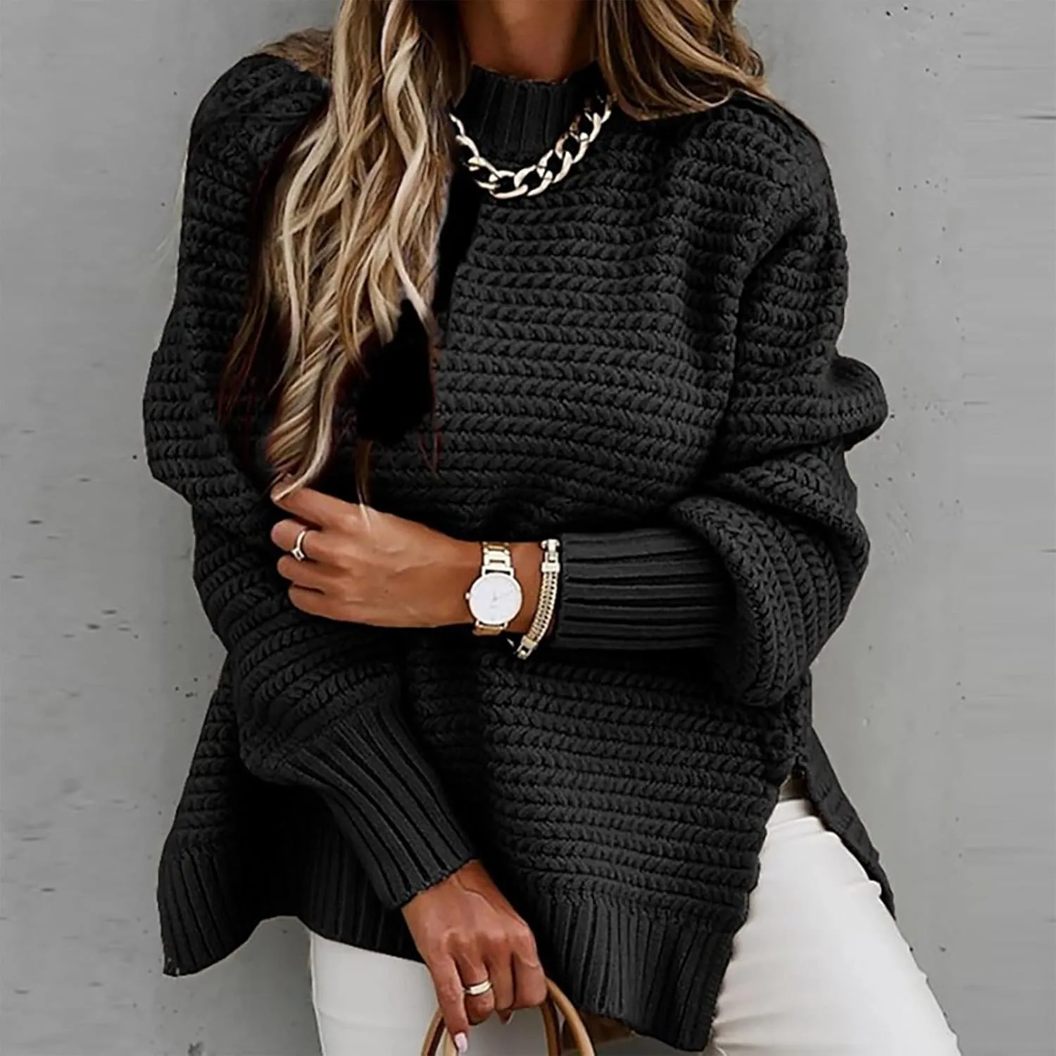 Women's 2024 Fall Casual Fall Oversized Sweater Long Sleeve Crew Neck Side Slit Oversized Ribbed Knit Pullover Tops