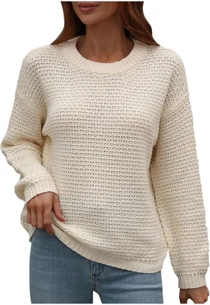 Women's 2024 Fall Casual Fall Oversized Sweater Long Sleeve Crew Neck Side Slit Oversized Ribbed Knit Pullover Tops